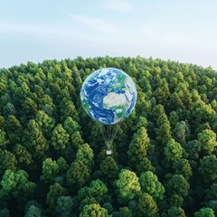 Earth-shaped balloon representing clean energy rising above trees