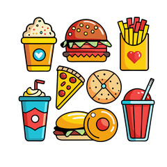 Pizza slice, donut, and milkshake in flat design