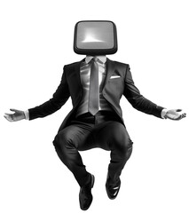 Retro man with television head on red background. Vintage man with television head. Retro collage featuring a man in a suit with a retro TV for a head. Retro collage for presentation. Jumping.