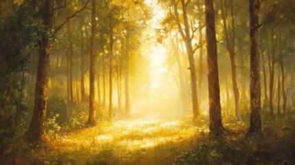 Obraz premium Morning sunlight filters through forest trees, illuminating the dew-kissed ground in a serene, golden glow