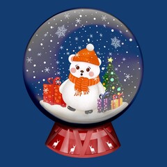 Winter illustration in flat style of a glass snow globe with a polar bear, tree, and gifts inside. Holiday illustration for cards, invitations, prints.