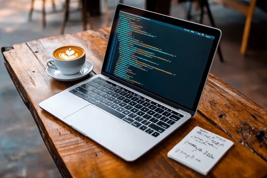 Detailed photo of a coding workspace with a laptop, notes, and a cup of coffee on a rustic table