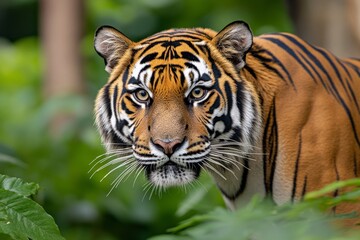 Obraz premium Detailed shot of a tiger prowling through the jungle, with lush greenery in the background and detailed fur patterns