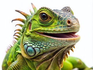 Fototapeta premium Smiling iguana, white backdrop. AI-generated image; room for text.