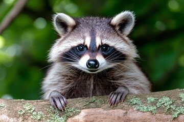 Fototapeta premium Detailed view of a raccoon in a forest setting, with its iconic mask-like fur patterns and expressive eyes
