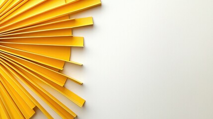 Fototapeta premium Abstract yellow paper strips arranged in a radial pattern on a white background.