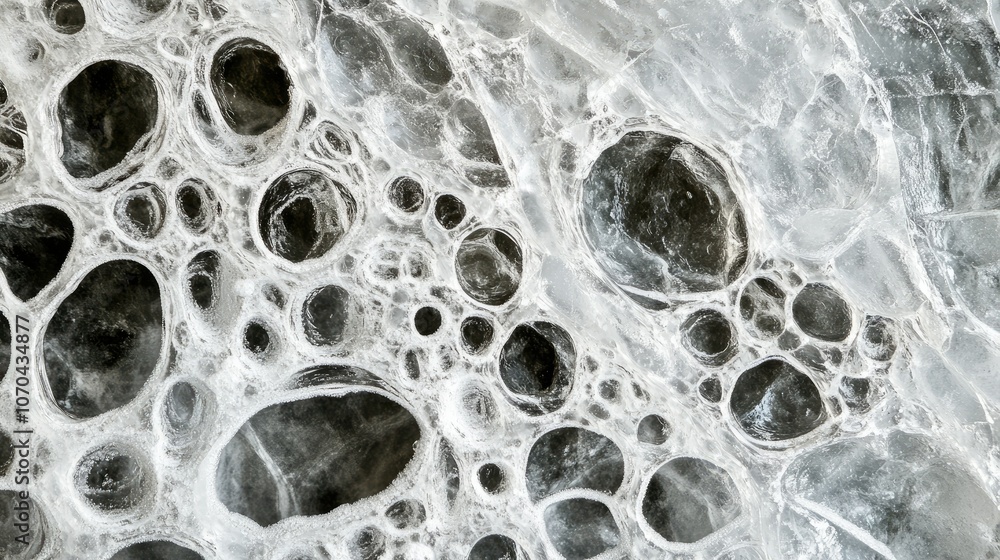 Poster close-up top view of ice with air bubbles frozen inside, creating unique textures. copy space