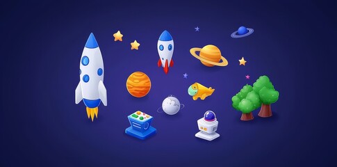 An alien planet, spaceship and cartoon 2D gui computer or mobile arcade with bonus stars and a ufo saucer trip in the cosmos. A modern illustration of the cosmos, universe, and futuristic trip in the