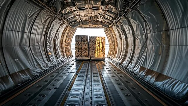 Cargo Plane Interior with Packages, airplane, aircraft, transport, transportation, logistics
