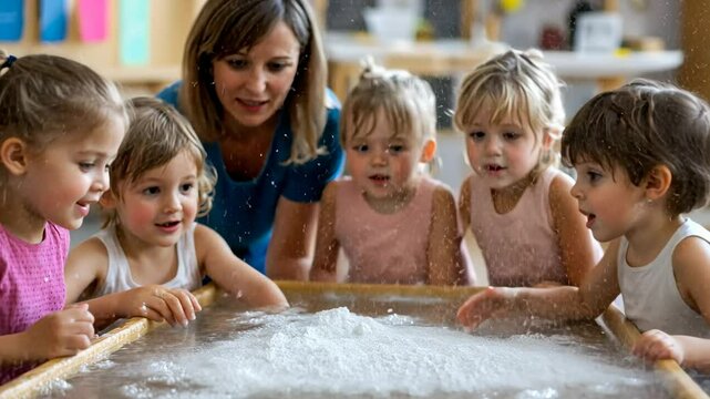 Children Playing with Water and Bubbles, kids, preschool, daycare, kindergarten, learning