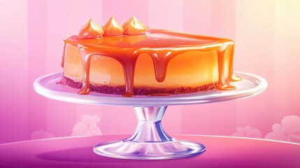 Close up of a luscious slice of caramel custard pudding drizzled with rich caramel sauce on an elegant glass cake stand