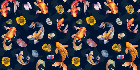 Watercolor seamless pattern. Goldfish and koi carp surrounded by colorful stones and yellow water lilies on a dark background. Background for fabric, packaging, covers, children's goods
