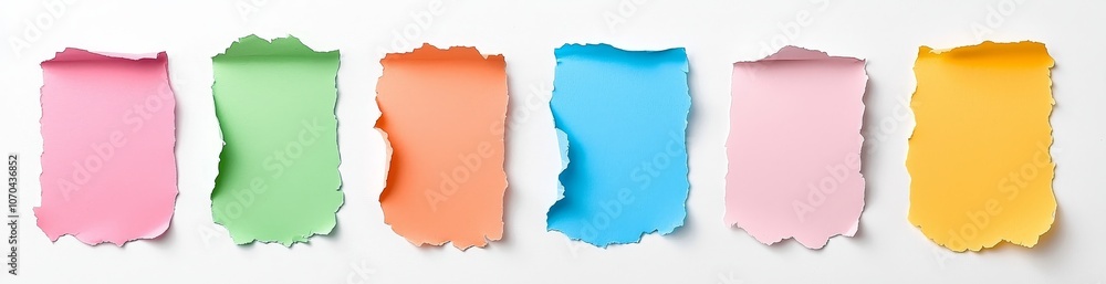 Poster a realistic 3d modern scene of torn paper sheets, colorful notebook pages with ragged edges. delicat