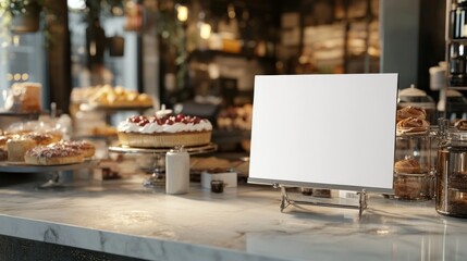 Fototapeta premium A white sign sits on a counter in front of a bakery