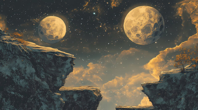 Majestic landscape with two moons in the sky, alien, outer space, fantasy, surreal, moonscape, nature. Majestic. Illustration