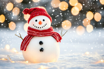 Cheerful Snowman Surrounded by Snowflakes and Bokeh Lights
