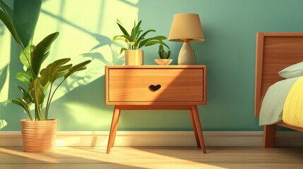 Mid century style bedside table in natural wood finish featuring a sleek drawer ideal for minimalist bedroom decor