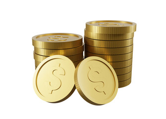 A 3D illustration of a pile of dollar gold coins icon conveys the concept of wealth and capital accumulation. saving money and financial growth isolated on transparent background.