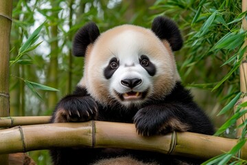 Fototapeta premium Portrait of a panda in a bamboo forest, with its distinctive black and white fur and gentle expression