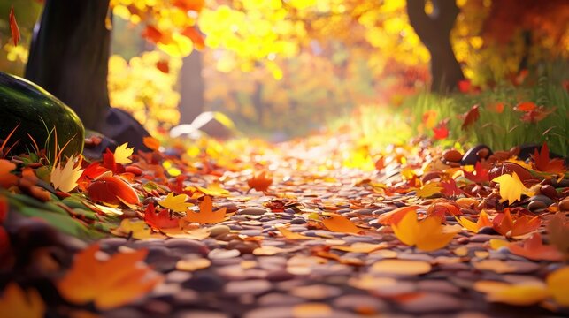 Colorful autumn leaves scattered on a forest path perfect for seasonal decoration or nature appreciation