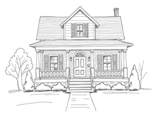 A coloring page featuring step-by-step instructions on how to draw a house, suitable for children and beginners.