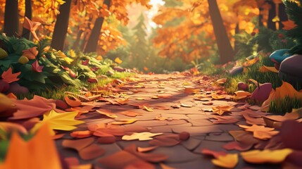 Colorful autumn leaves scattered on a forest path perfect for seasonal decoration or nature appreciation