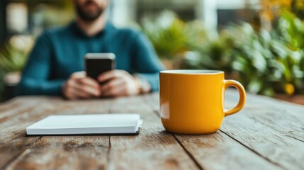 A close-up view of a yellow coffee mug on a wooden table with a blurred figure in the background, holding a smartphone in a cozy, green setting.