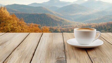 A serene scene featuring a cup of coffee on a wooden table, set against a backdrop of autumn mountains and rolling hills.