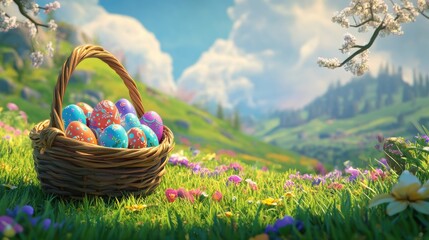 Colorful basket filled with decorated eggs placed in a vibrant green field symbolizing an Easter egg race event