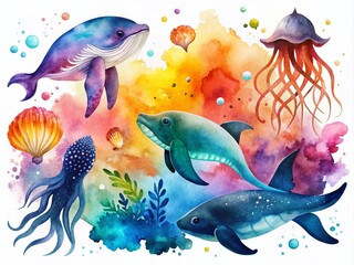 Naklejka premium Watercolor Underwater Animals Silhouette - Octopus, Jellyfish, Manatee, Whale