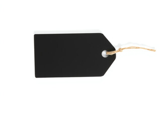 A black blank price tag isolated on a white background, ready for labeling or pricing items.