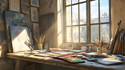 Obraz premium Sunlight streams through a window in an artist's studio, illuminating a messy worktable with paintbrushes, paints, and canvases.
