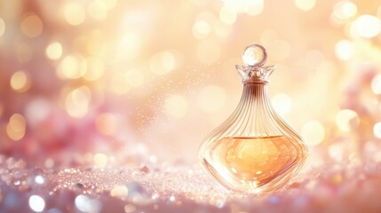 A beautifully designed fragrance bottle is illuminated by a warm glow, creating a sense of elegance and allure. The delicate details and soft background enhance its charm and appeal.