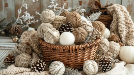 Obraz premium Christmas decorations made of yarn balls in a wicker basket