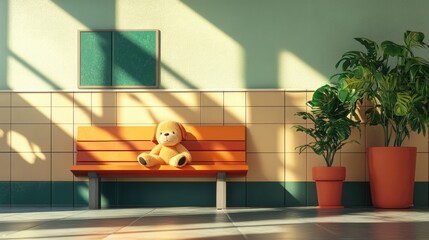 Abandoned dog plushie resting on a lonely bench in a waiting room evoking feelings of nostalgia and loss