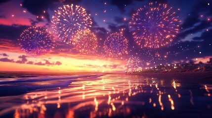 Vibrant fireworks bursting over the beach as viewed from the jetty celebration and evening entertainment