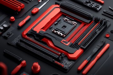 Fototapeta premium Realistic image of a computer repair station with various tools, showing intricate hardware details