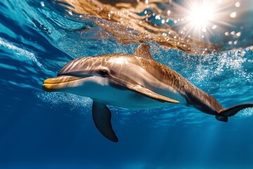 Obraz premium Realistic image of a playful dolphin jumping out of the ocean, with water droplets and sunlight reflections
