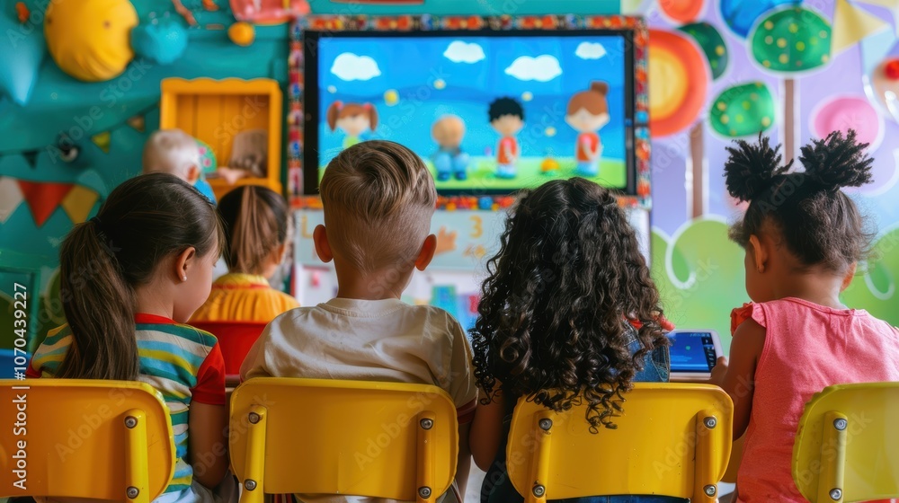 Poster children engaged in educational program on tablet in vibrant classroom setting for learning