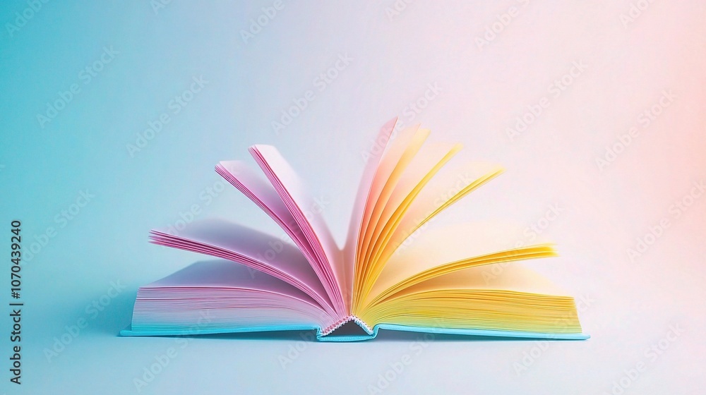 Poster vibrant open book with colorful pages on soft background