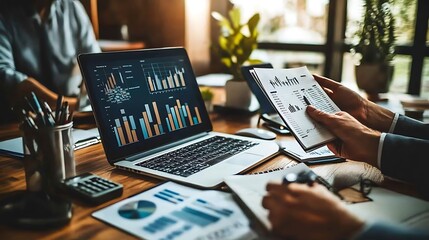 A business team analyzing financial data on laptop, Business team analyzing financial