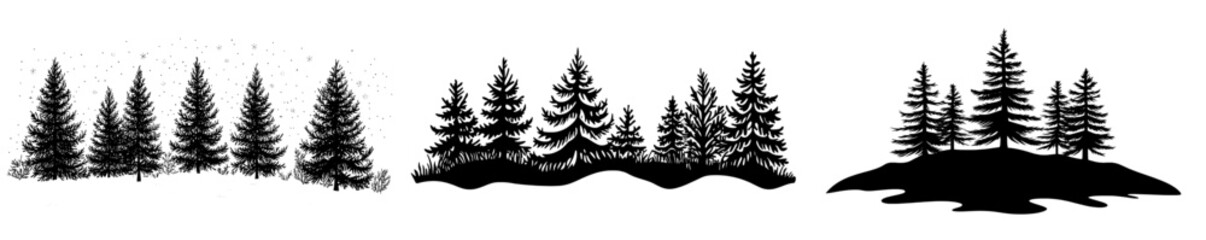 Obraz premium Modern illustration of pine trees set against a black silhouette background.