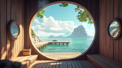 Plakat Nordic sauna with a stunning island view overlooking a wooden dock in the sea