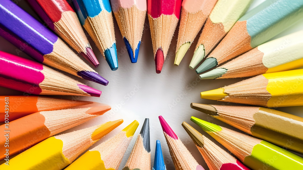 Poster a circle of colorful pencils on a white background creating a heart shape.