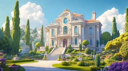 Elegant residential mansion with landscaped gardens and grand architectural details perfect for luxury real estate marketing