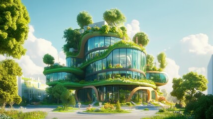 Eco friendly glass office building surrounded by greenery designed for carbon dioxide reduction and sustainable urban living