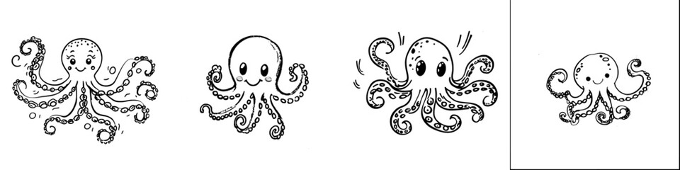 Obraz premium The octopus is a cute cartoon character isolated on white background. It's perfect for coloring pages or book illustrations.
