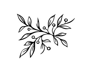 This coloring page is a black and white illustration of a christmas branch and ribbon in winter. This illustration is a modern cartoon drawn by hand.