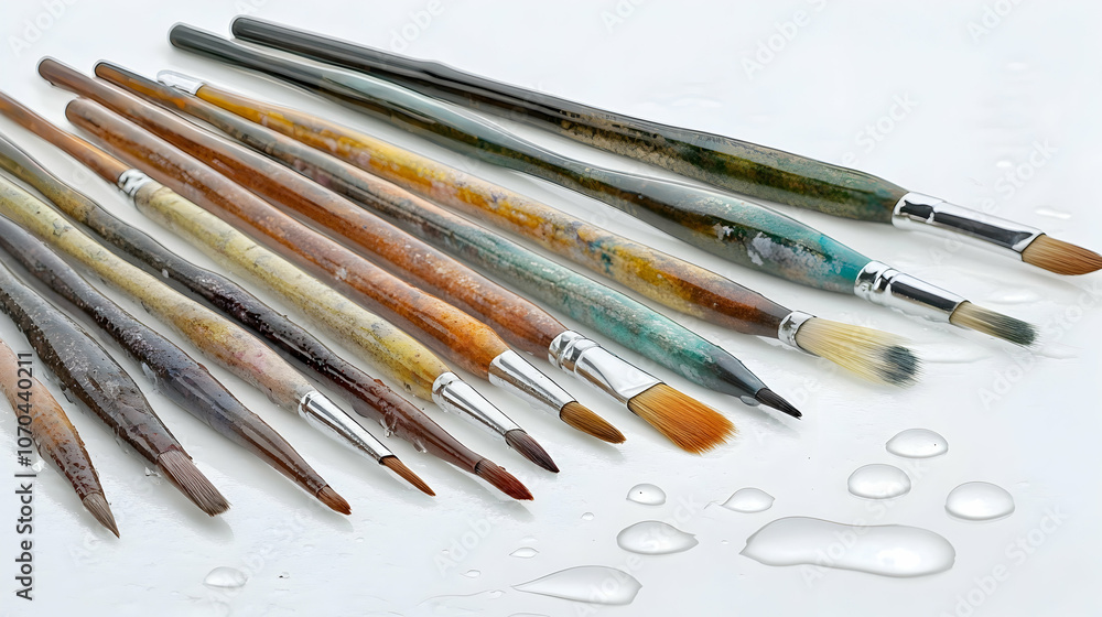 Poster a collection of paintbrushes with various sizes and shapes, arranged in a line on a white surface wi
