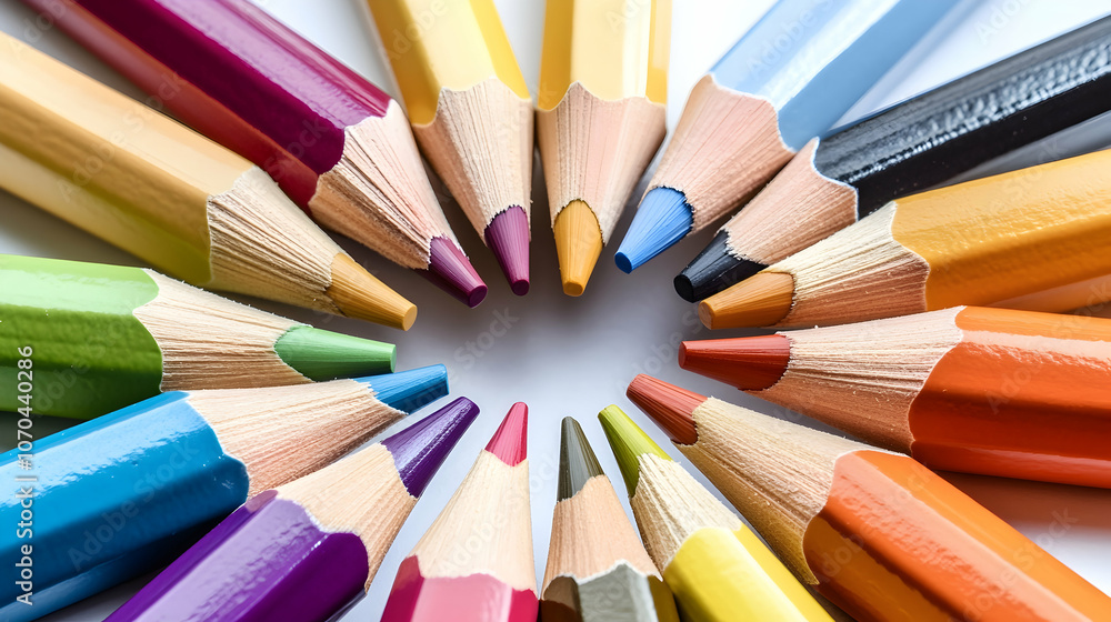 Aufkleber a colorful array of sharpened colored pencils arranged in a semi-circle, forming a heart shape in th